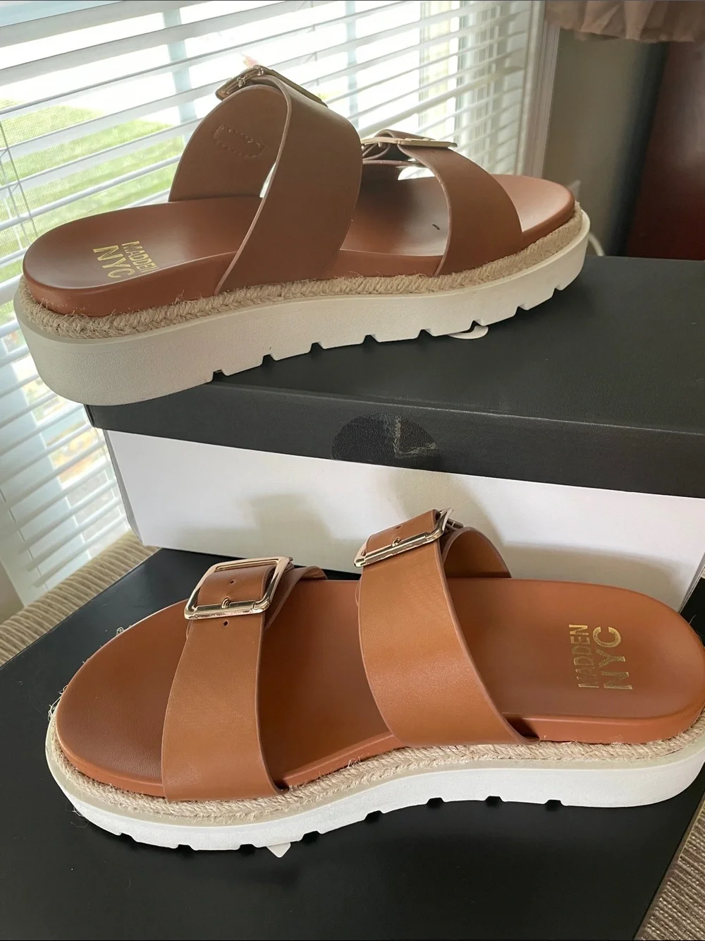 Madden NYC Women's Tan Double-Buckle Slide Sandals